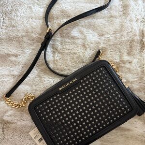 Michael Kors Black Medium Jet Set Camera Crossbody with Gold Chain Accents NWT